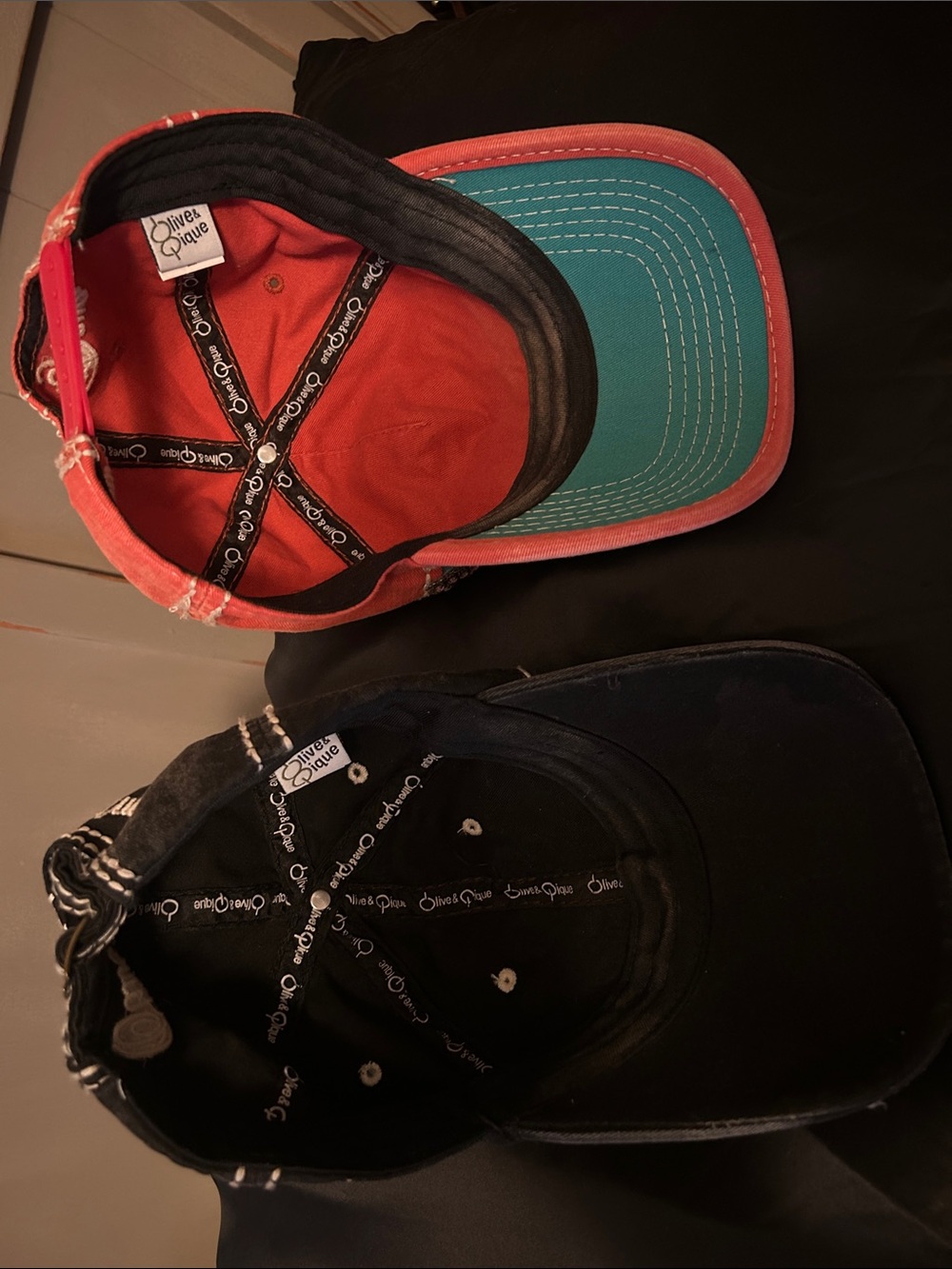 Rhinestone Embellished Two-Tone Women’s Baseball Cap - Teal/Coral & Black - Picture 2 of 2